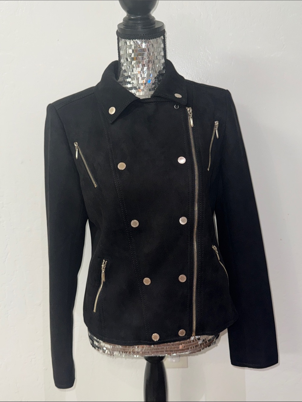 White House Black Market Black Double-Breasted Suede Moto Jacket